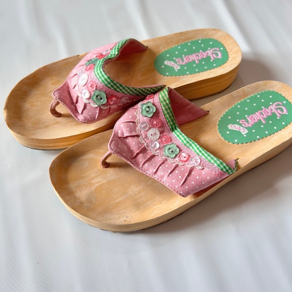 Y2K Womens Skechers Cali Pink & Green Polka Dot Plaid Button Accent Sandals Sz 8 - Picture 1 of 7
